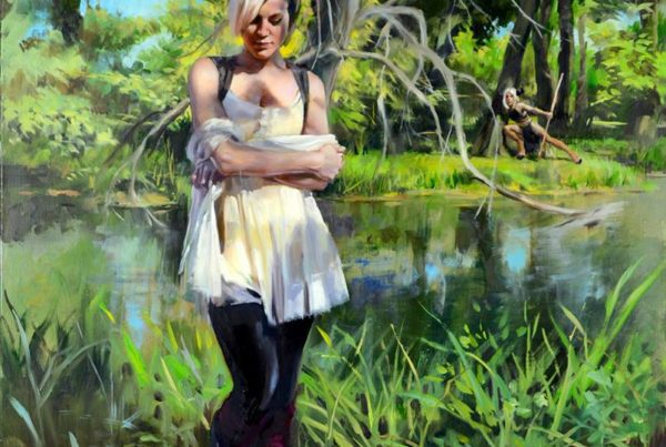 Young woman in a nature scene surrounded by a fairy circle with a wood nymph in the forest