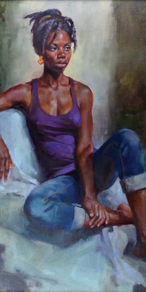 Figurative oil portrait of a young woman wearing a purple tank top and jeans.
