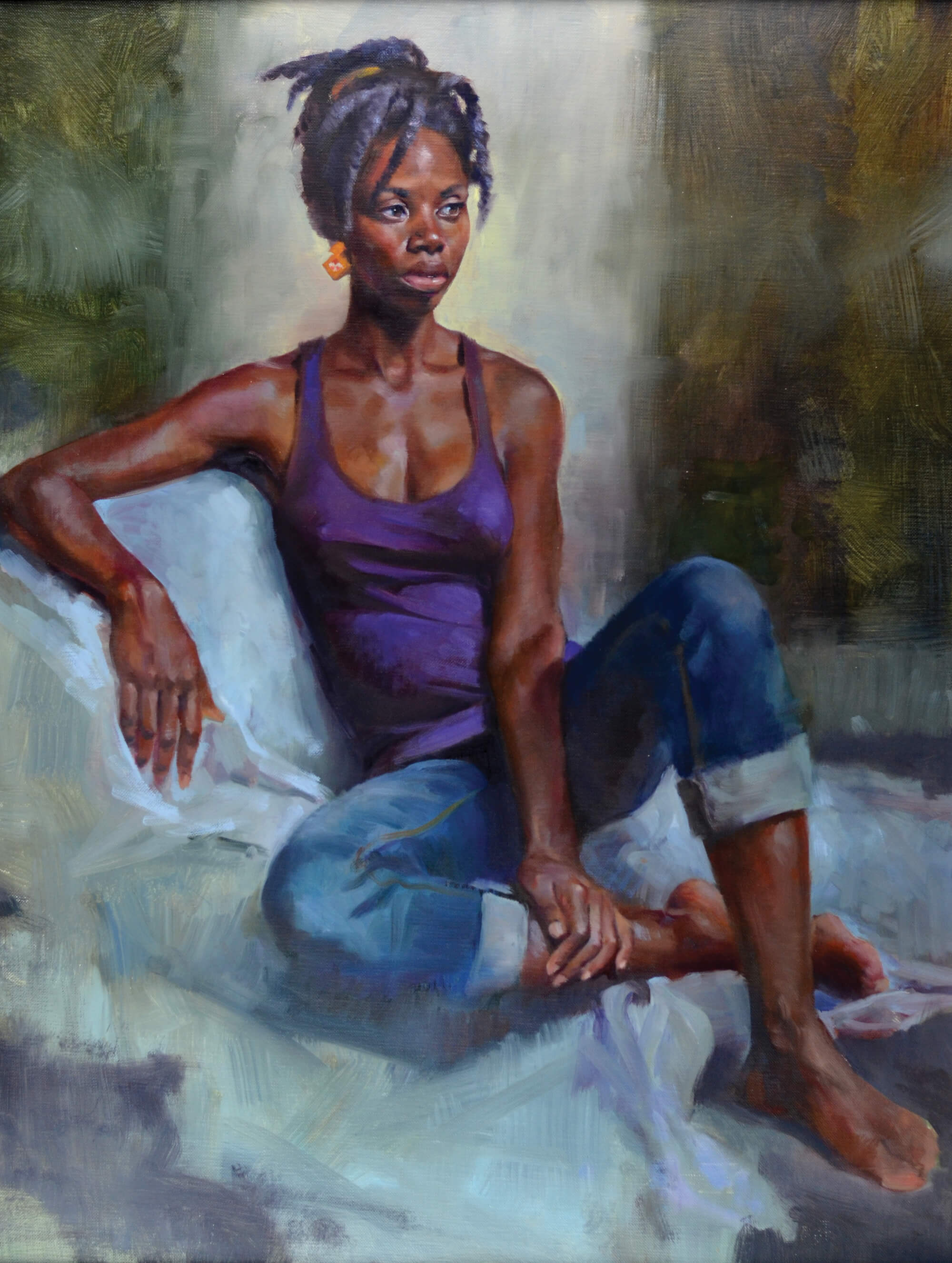 Figurative oil portrait of a young woman wearing a purple tank top and jeans.