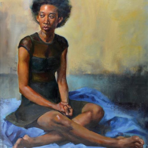 Figurative oil portrait of a young woman wearing a black dress sitting cross legged on a blue cloth