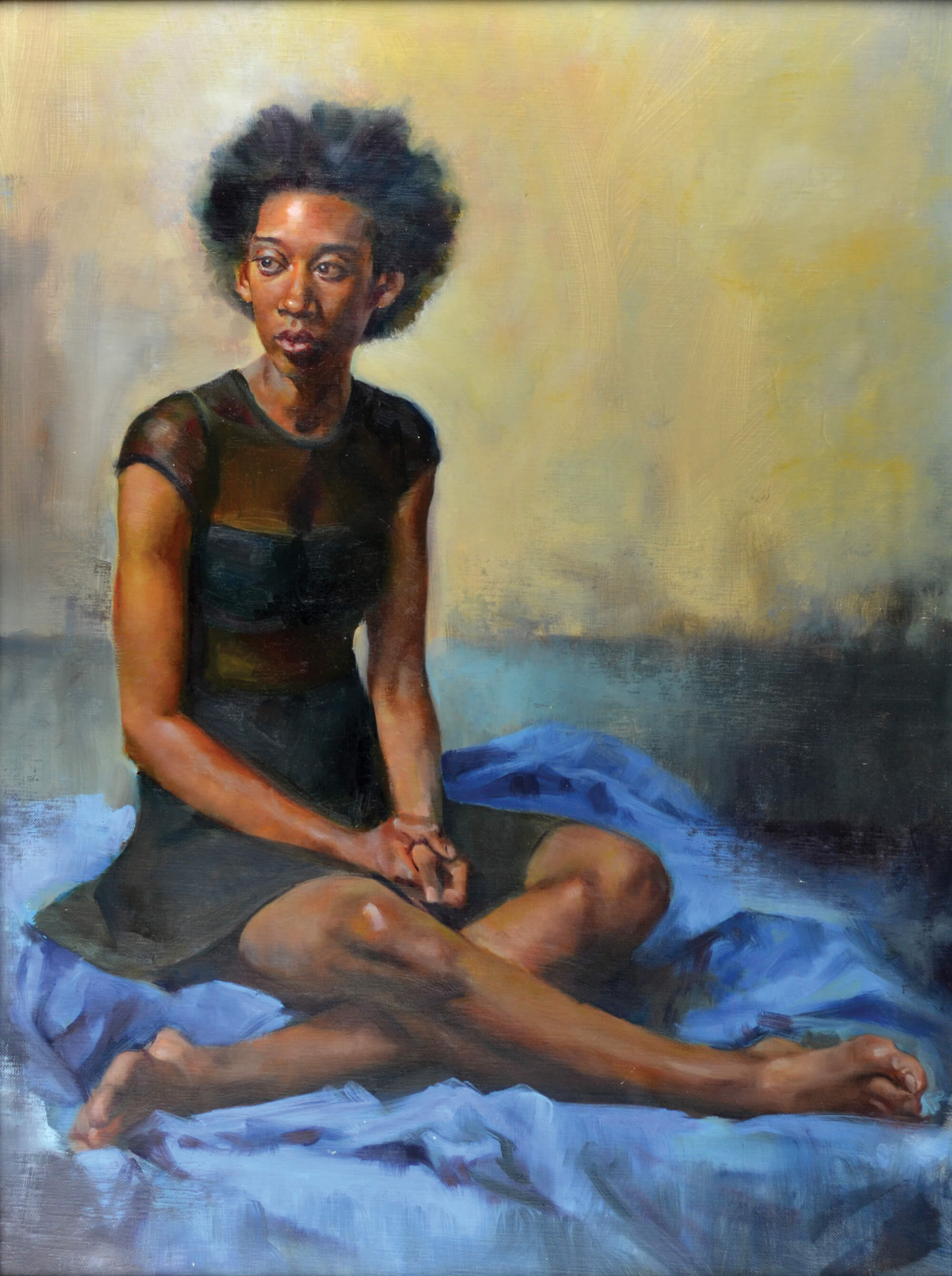 Figurative oil portrait of a young woman wearing a black dress sitting cross legged on a blue cloth