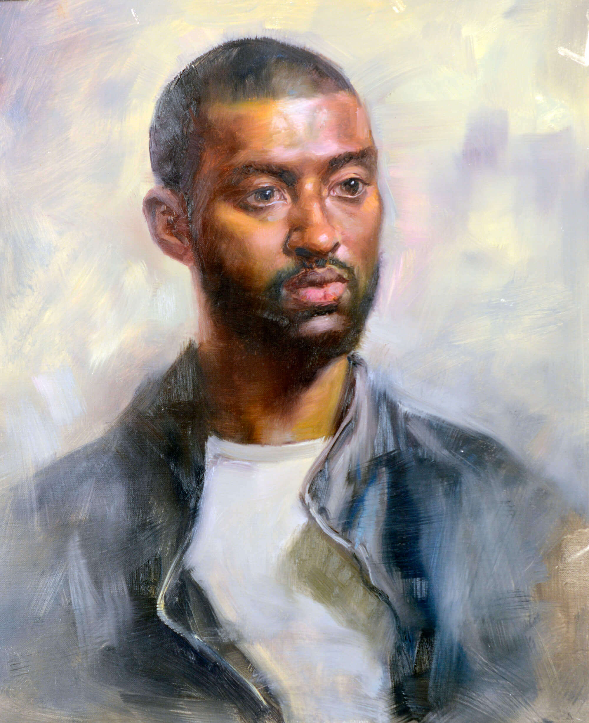 Oil portrait of a young man wearing a white t-shirt and black jacket