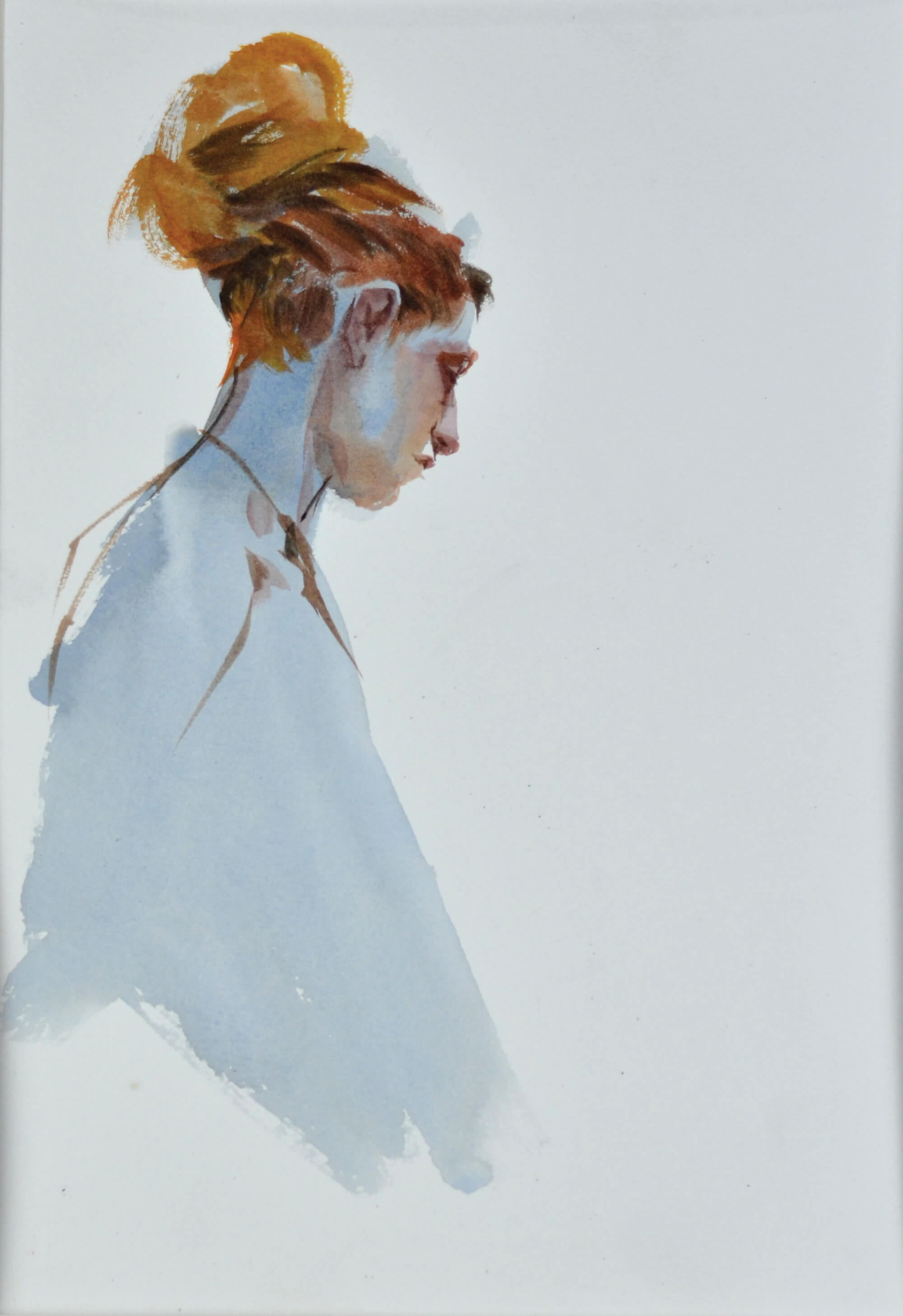 Watercolor painting of a figure model with red hair posed in profile