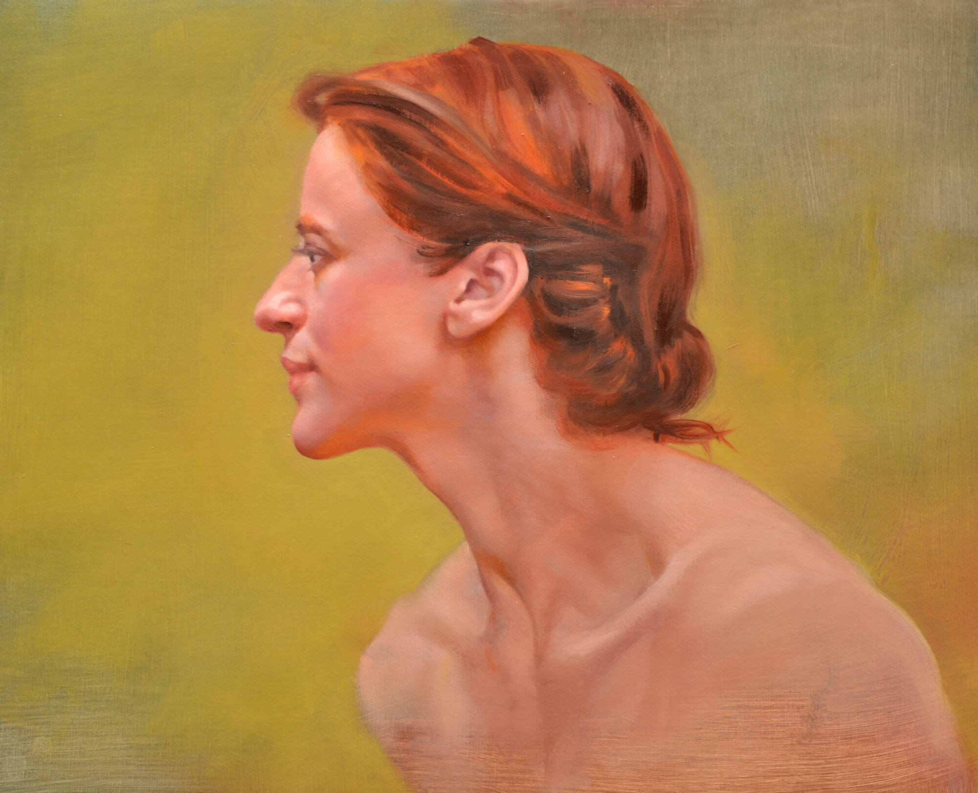 Profile oil portrait of a young woman with red hair with gold flat background