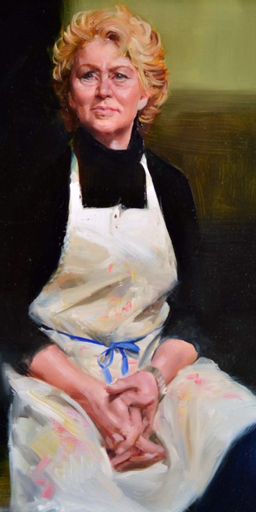 Alla prima oil portrait of a woman artist at the Palette & Chisel wearing a white apron