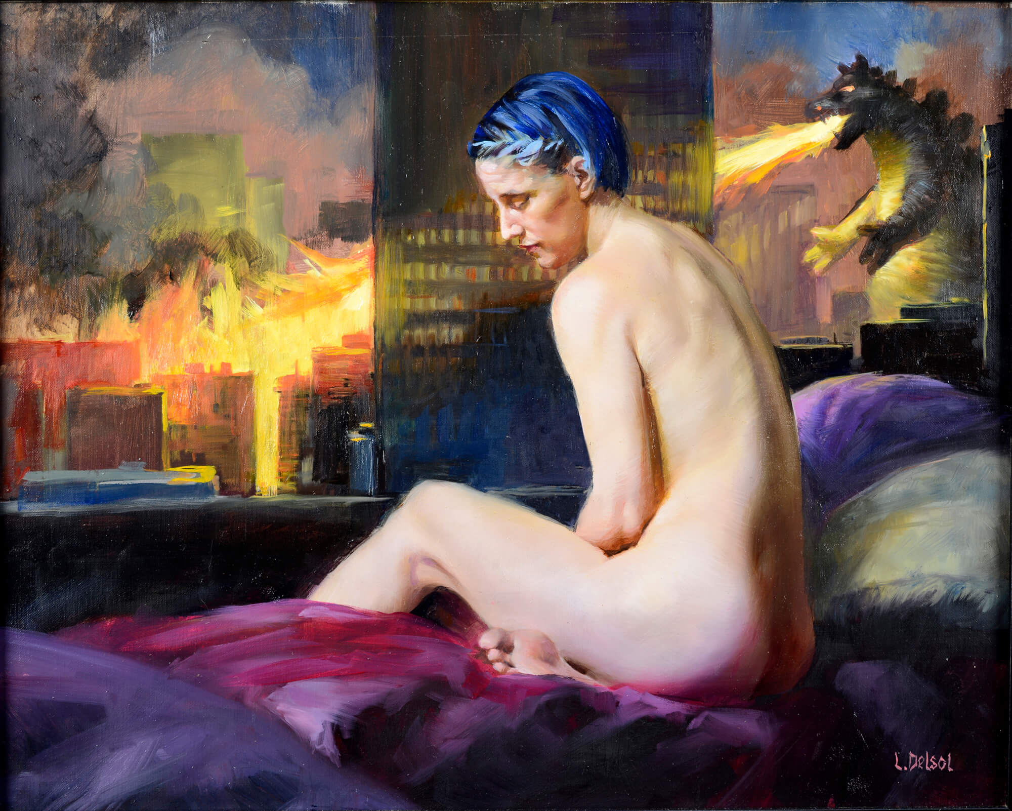 Figurative oil painting of a nude woman with blue hair contemplating her fate with burning city and godzilla-like creature in the background