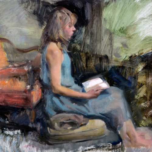 Oil painting of a young woman in a blue dress sitting on a cushion reading her diary near an orange armchair