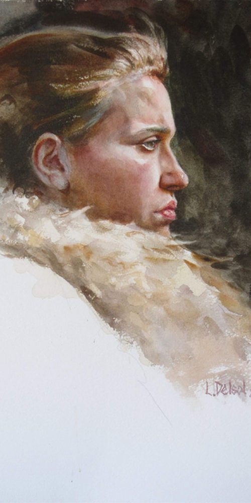 Watercolor profile portrait of a female subject with upswept hair and a fur collar, gazing off to our right