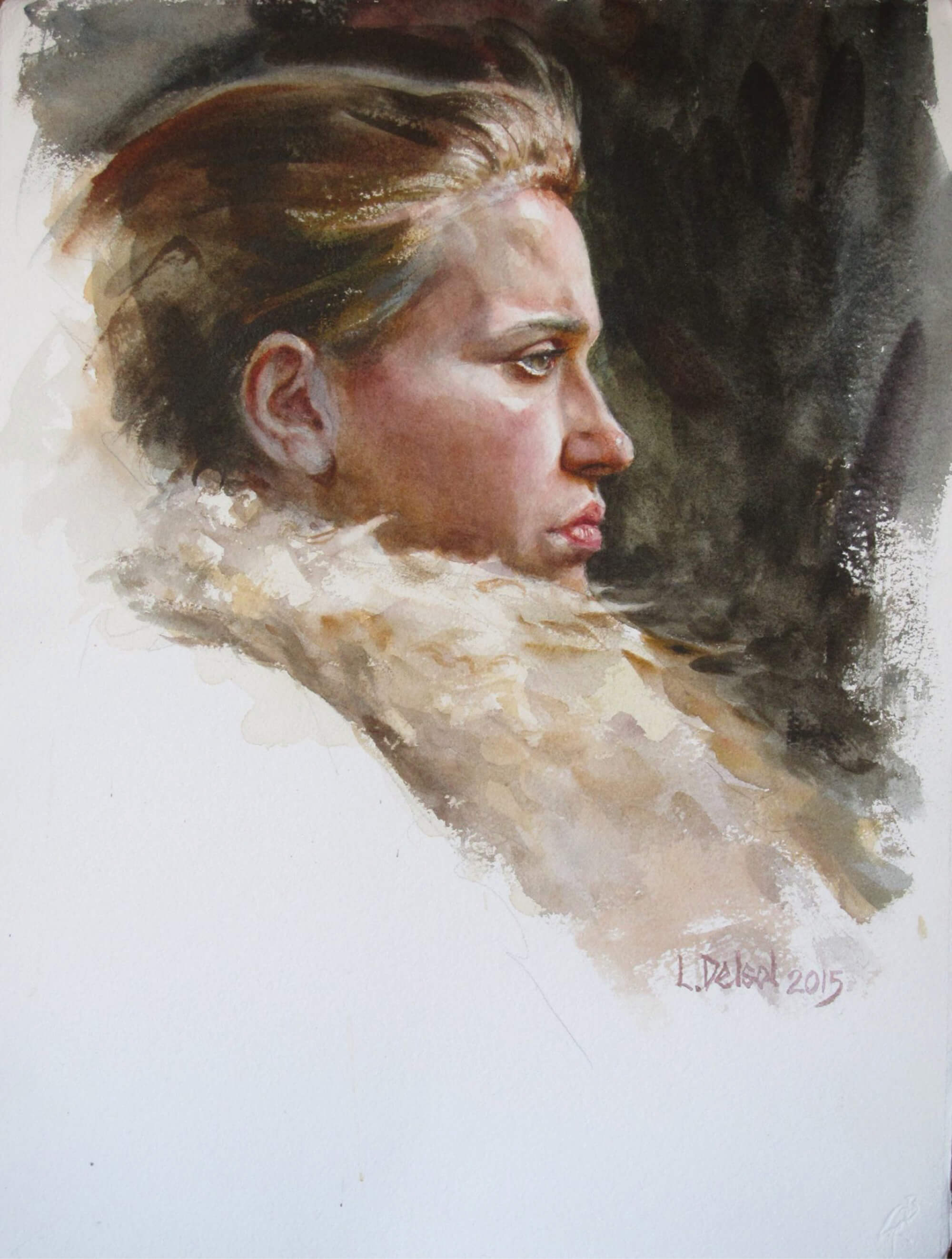 Watercolor profile portrait of a female subject with upswept hair and a fur collar, gazing off to our right