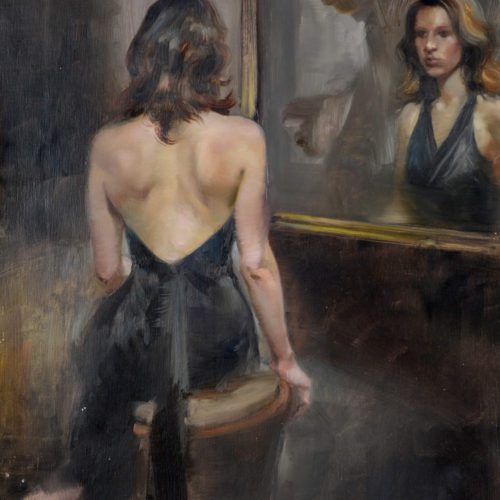 Figurative oil painting and portrait of a young woman wearing a black halter dress seated in front of a mirror