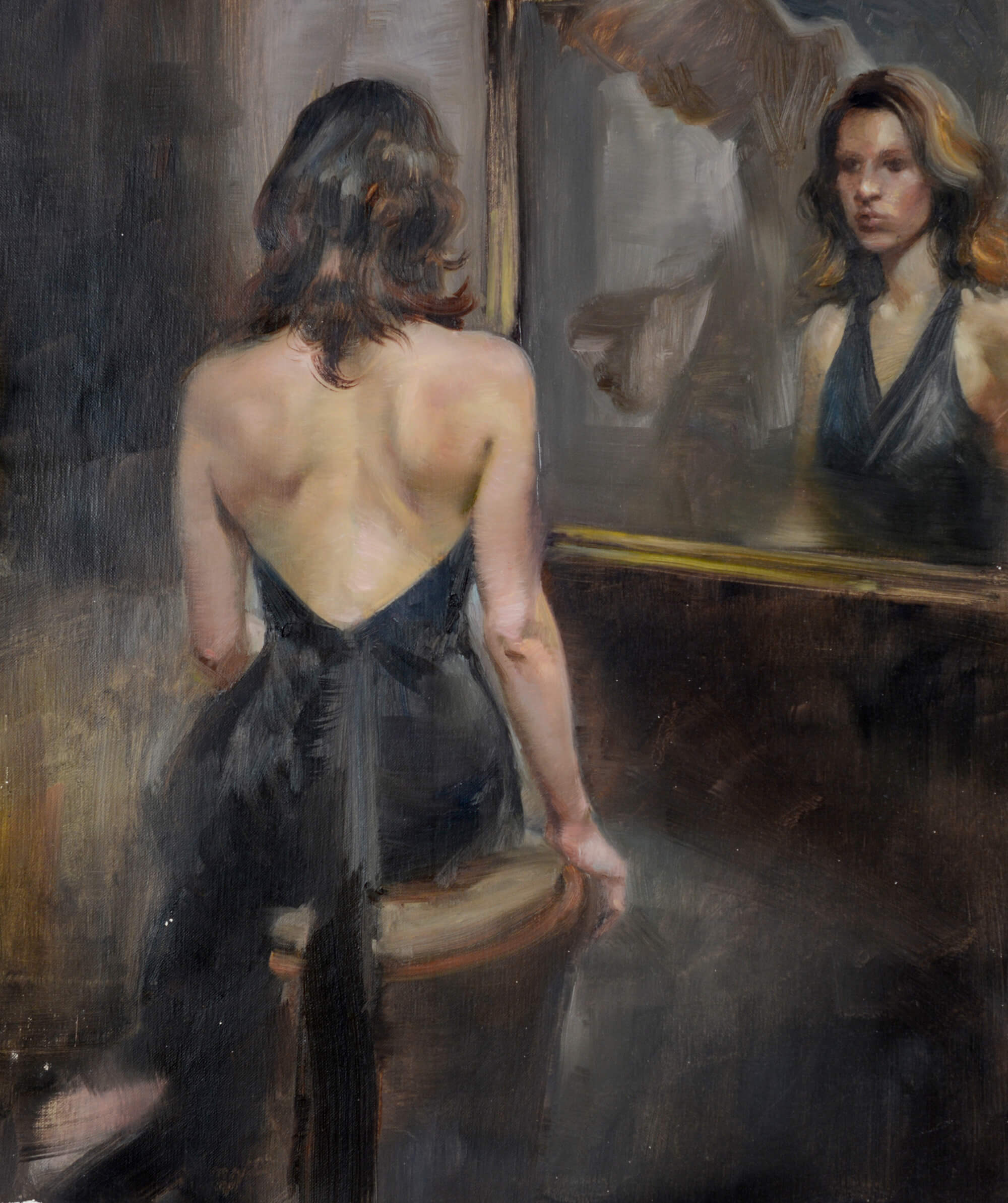 Figurative oil painting and portrait of a young woman wearing a black halter dress seated in front of a mirror