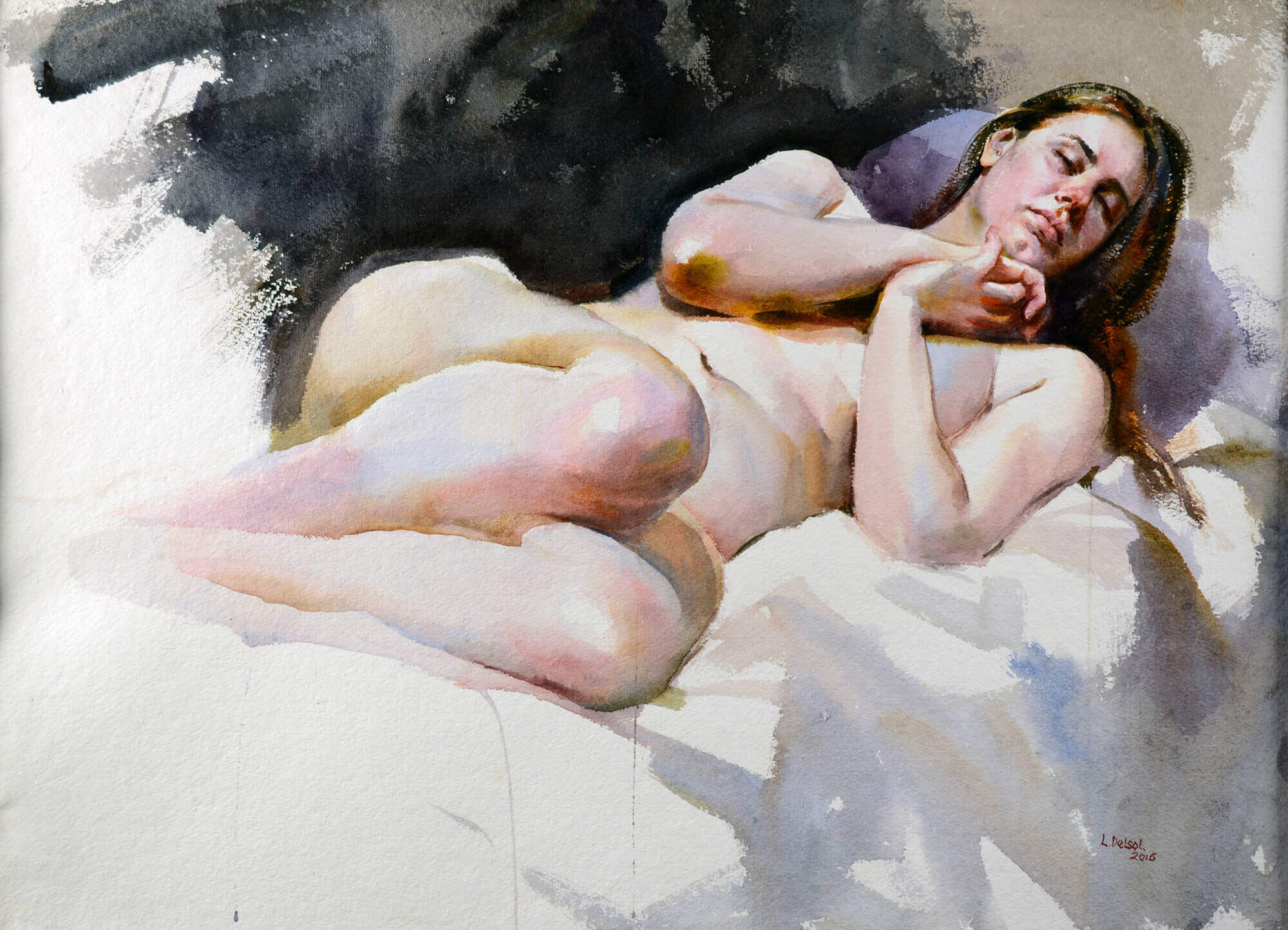 Figurative watercolor of a nude reclining in a foreshortened position with knees bent and hips turned to face the viewer, hands are clasped covering chest, resting under chin