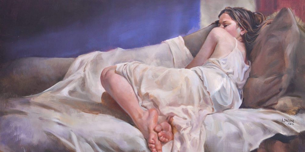 Figurative oil painting of a woman in a white slip laying on a fainting couch with her back to the viewer with a purple wall and red door