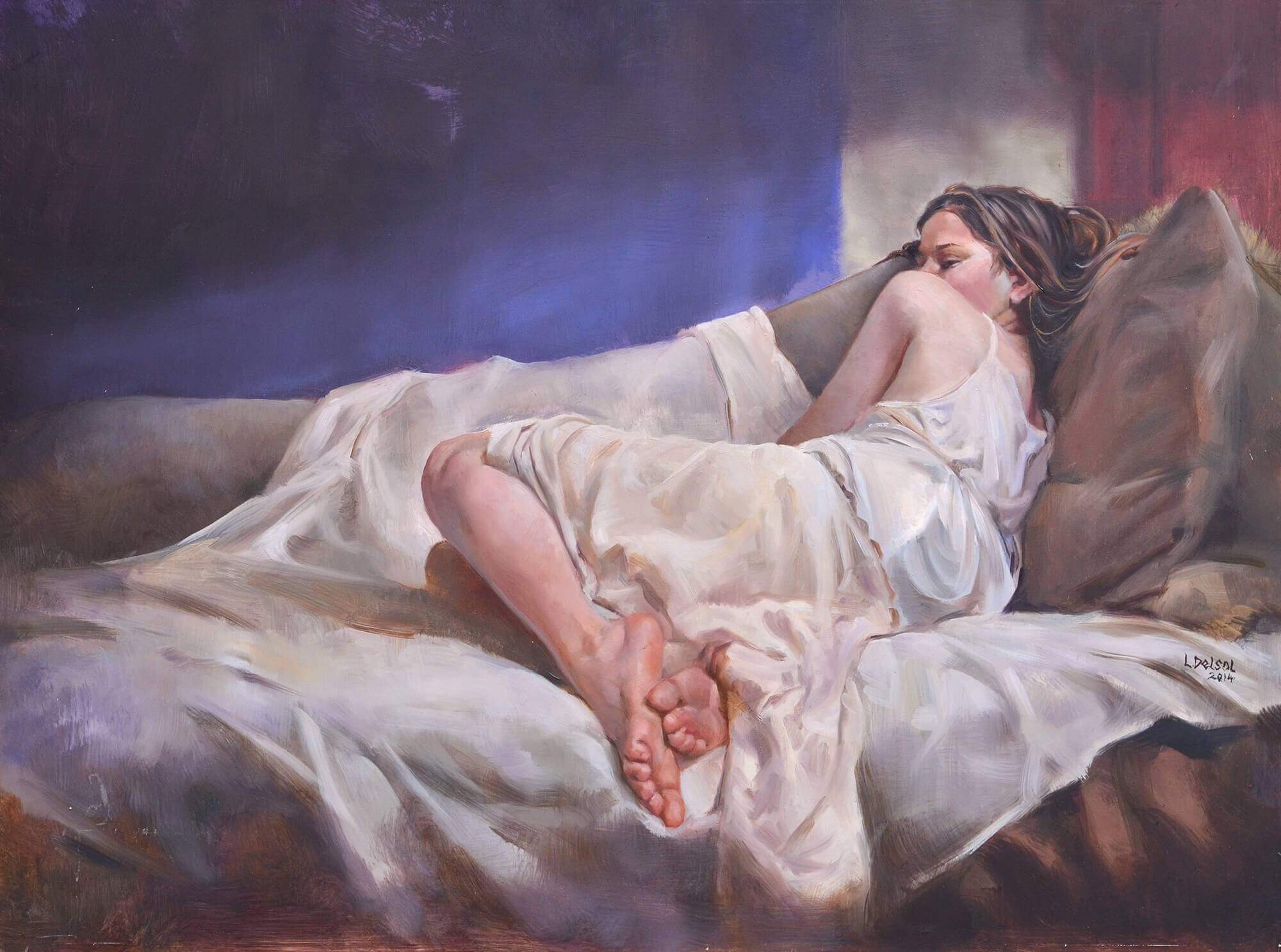 Figurative oil painting of a woman in a white slip laying on a fainting couch with her back to the viewer with a purple wall and red door
