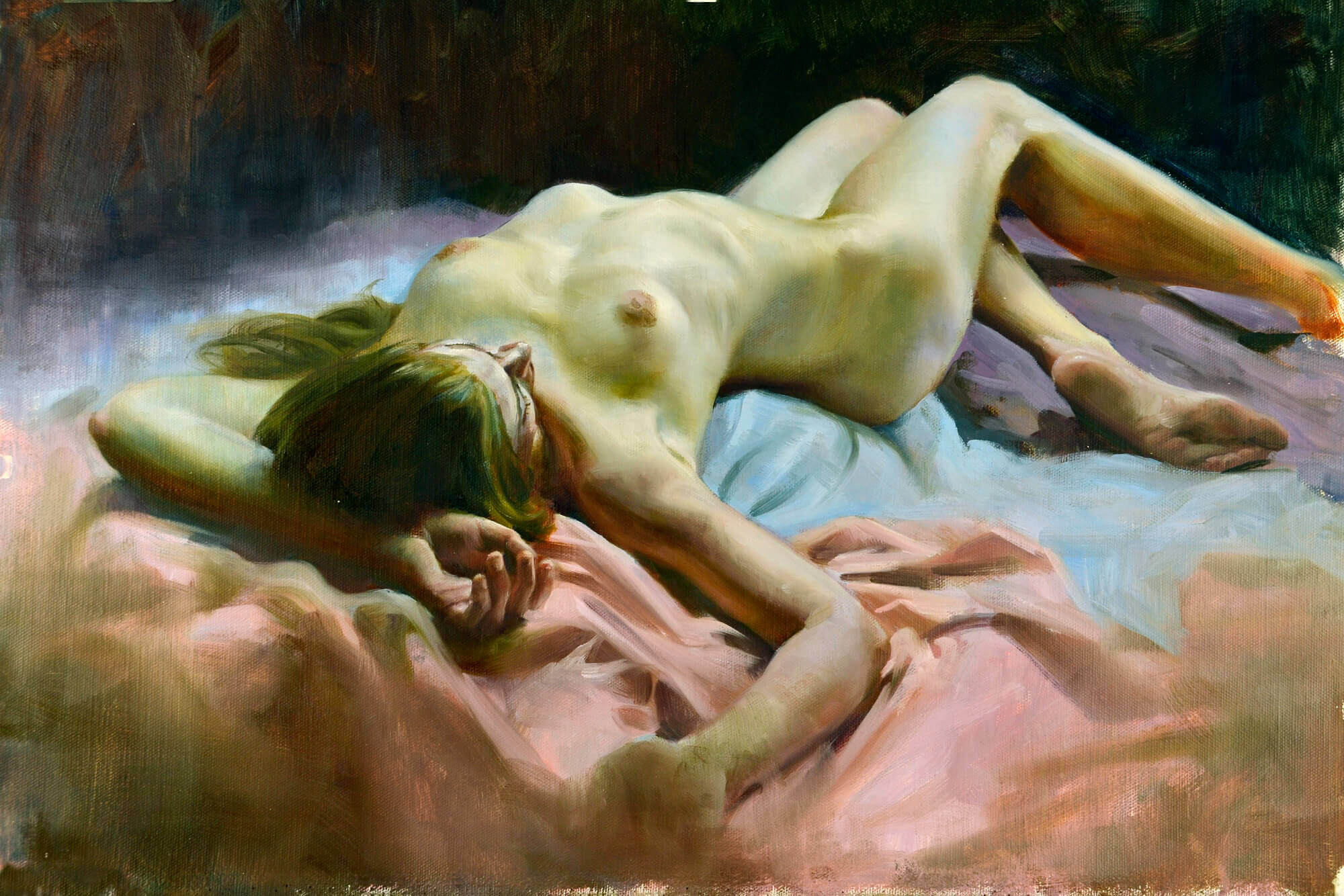 Figurative oil painting of a nude laying upon pink and blue fabric