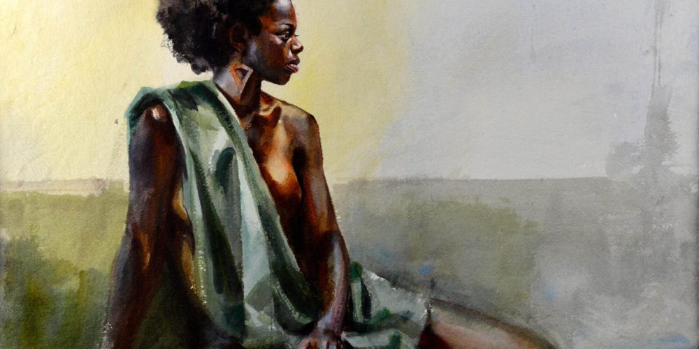 Figurative watercolor of a seated figure model draped in green cloth with head in profile, looking to our right