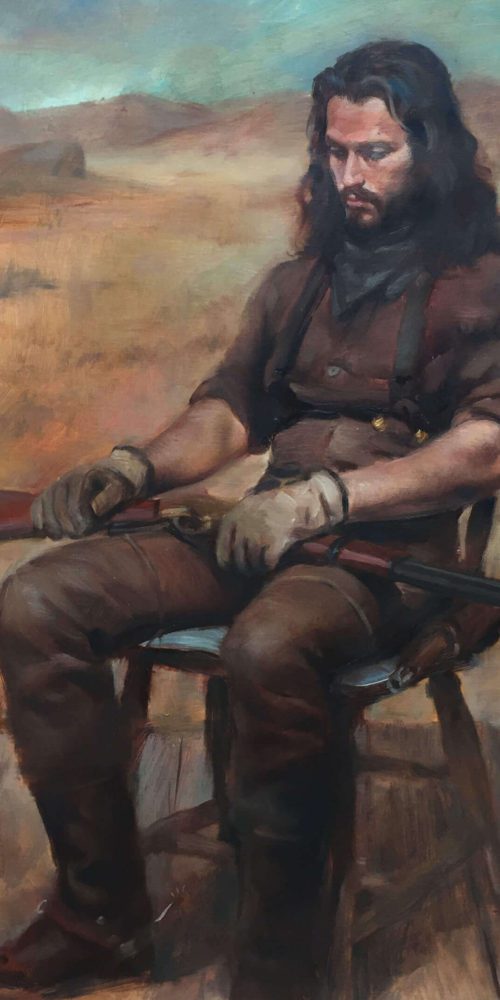 Oil painting of a contemplative man dressed in historical western clothing sitting in a chair with a rifle resting on his lap
