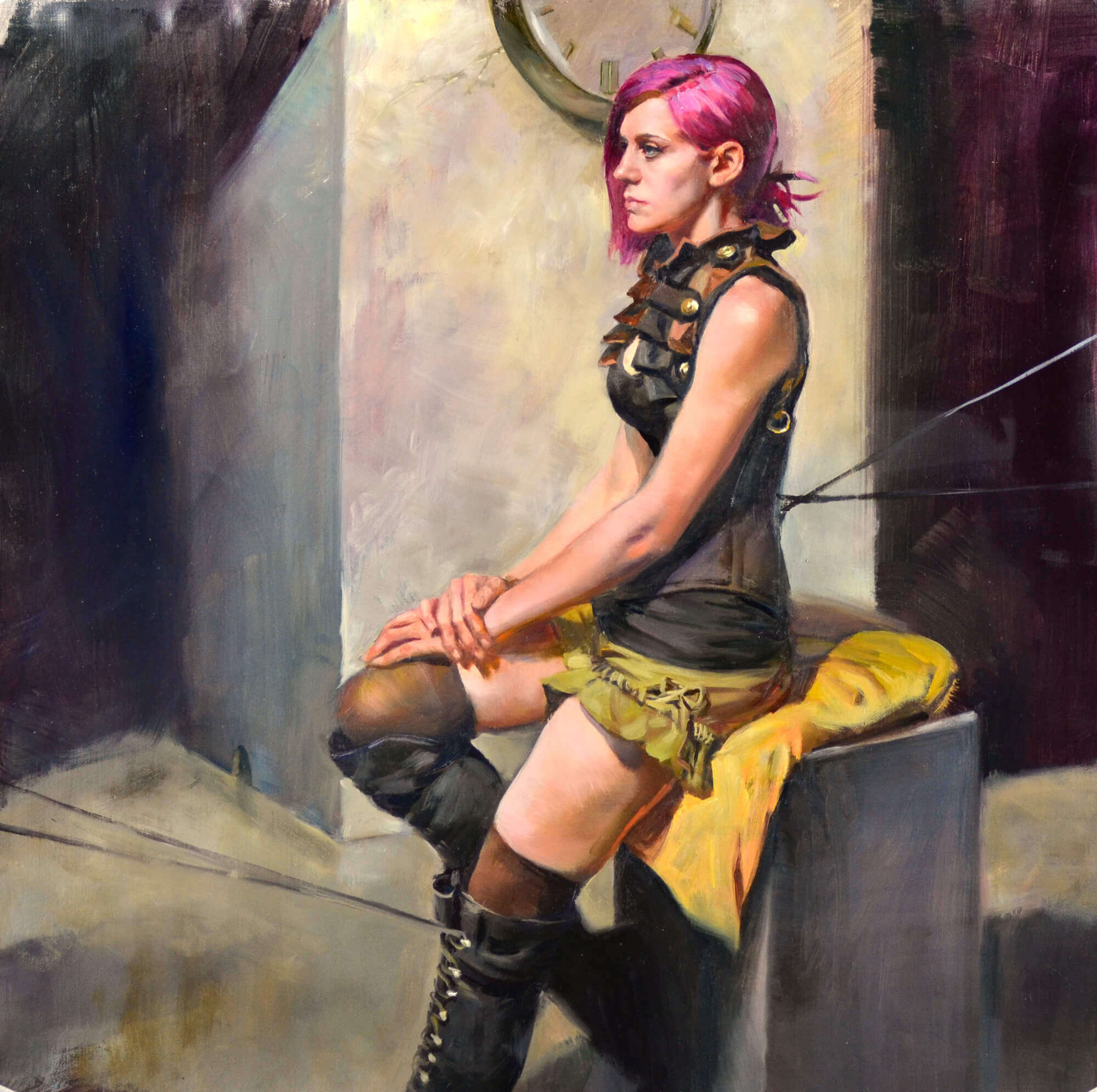 Figurative oil painting of a young woman with pink hair wearing a steampunk outfit with a clock in the background