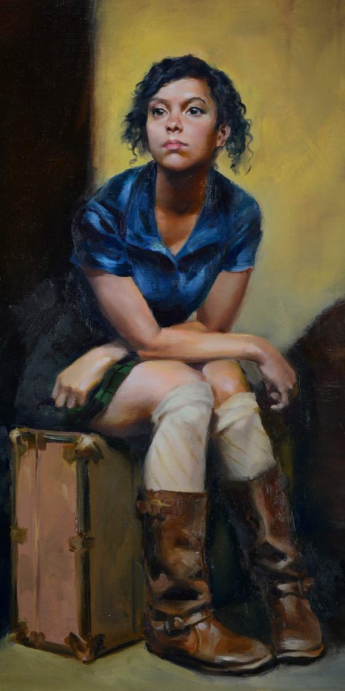 Figurative oil portrait of a young woman wearing a blue dress knee socks and boots sitting on a suitcase