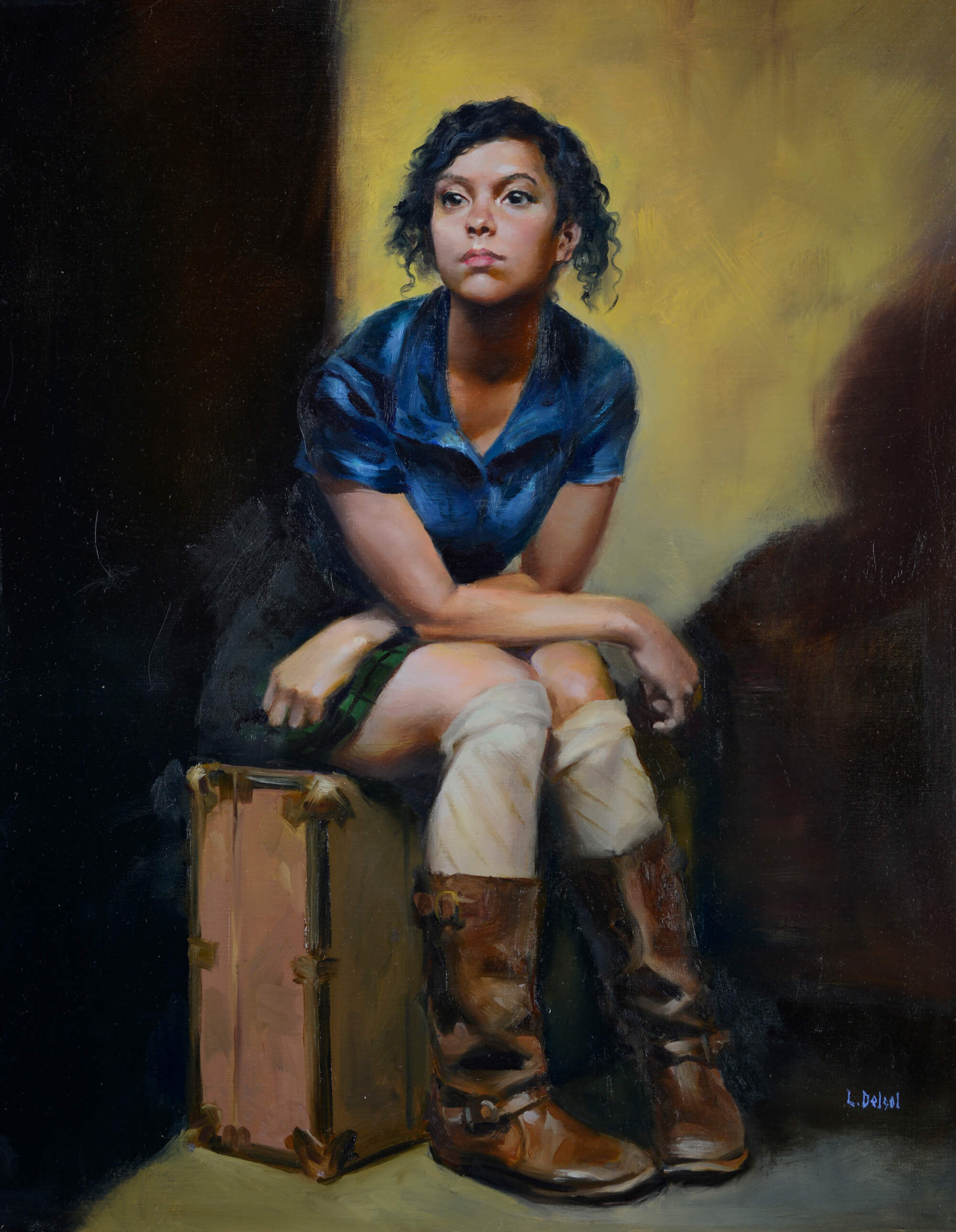 Figurative oil portrait of a young woman wearing a blue dress knee socks and boots sitting on a suitcase