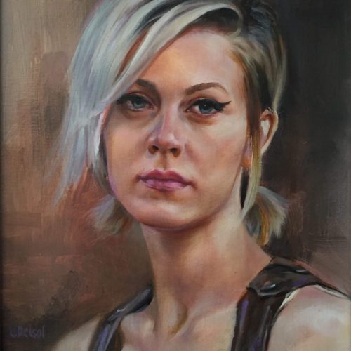 Oil portrait of a young woman with silver hair