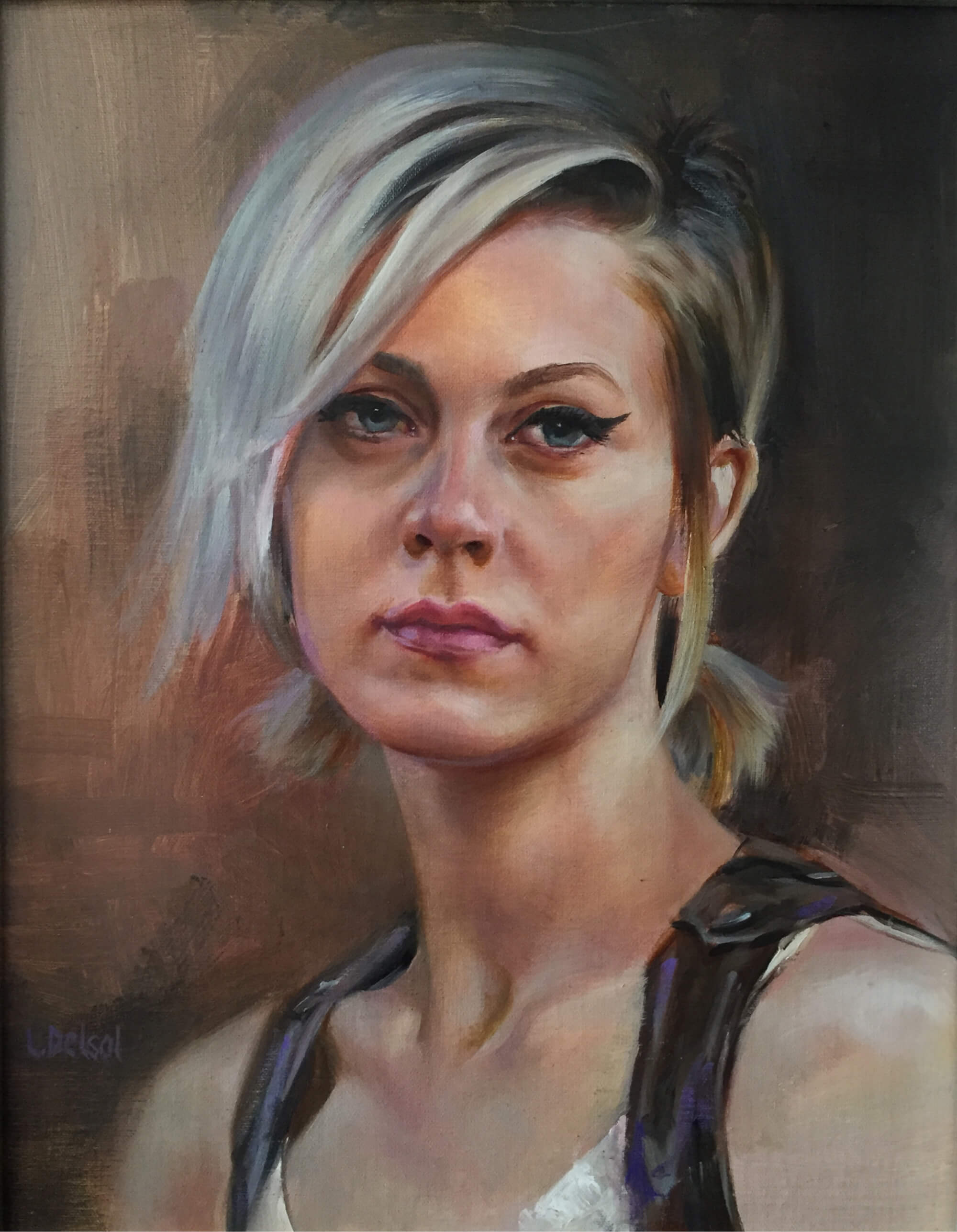 Oil portrait of a young woman with silver hair