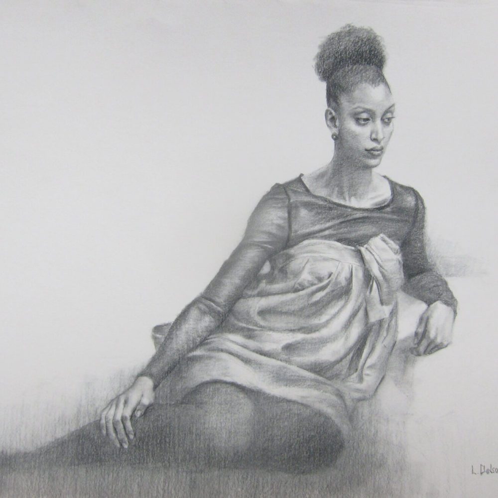 Figurative pencil drawing of a young woman with her hair in a bun