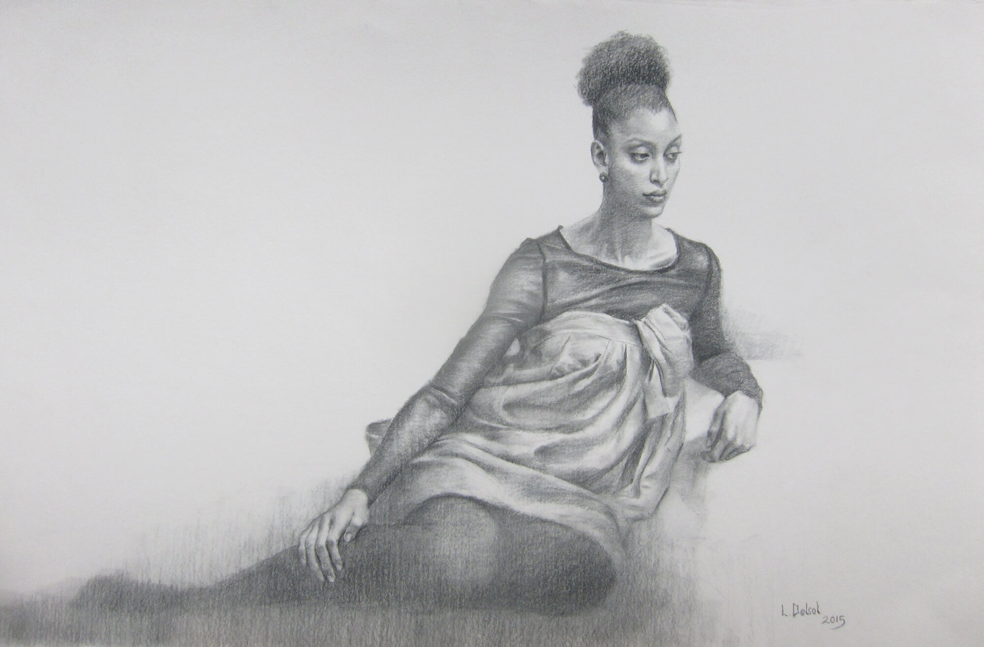 Figurative pencil drawing of a young woman with her hair in a bun