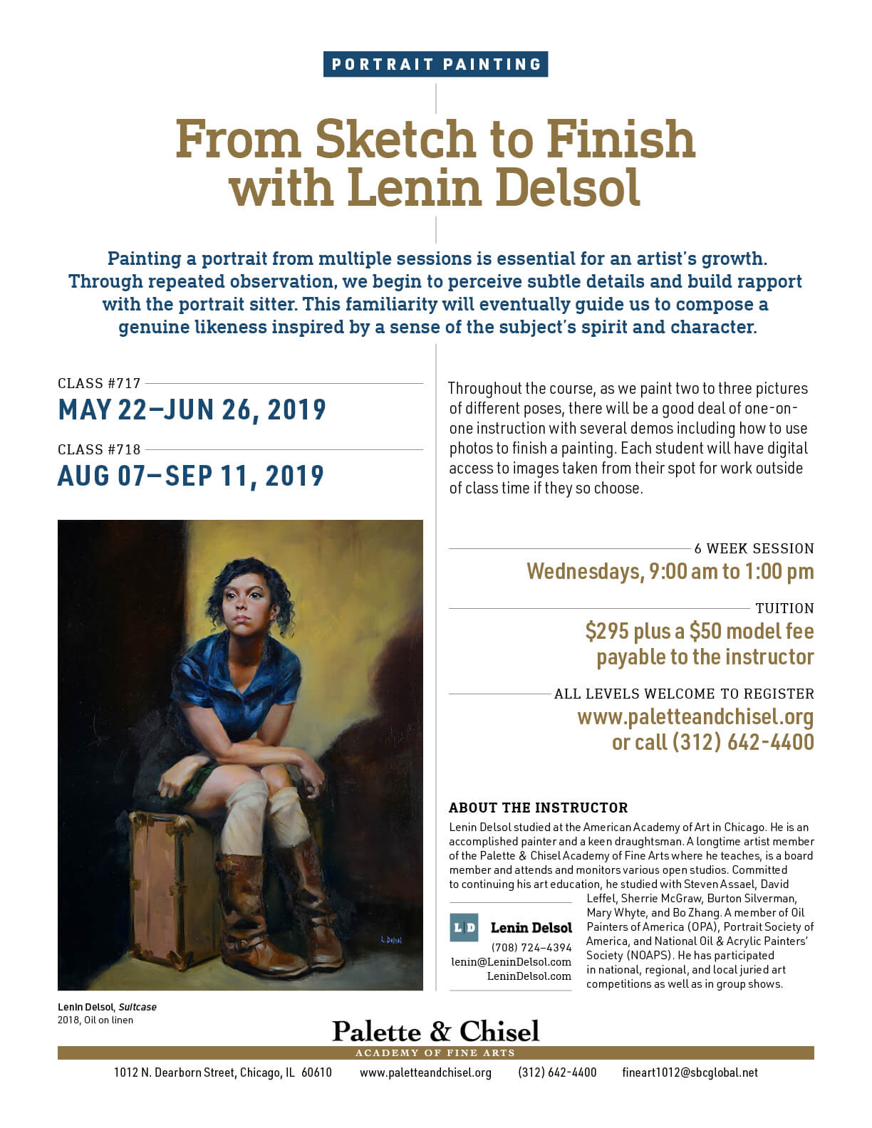 class flyer for protrait painting class at the palette and chisel spring and summer 2019
