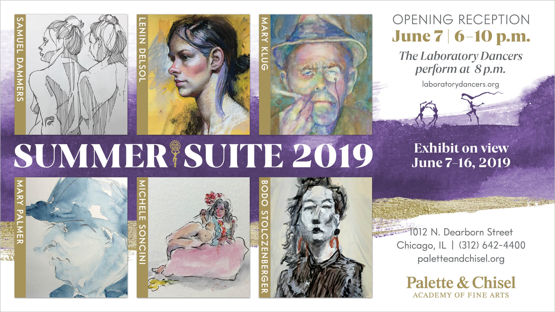 Summer Suite 2019 Show purple and gold card featuring art by 6 artists in the show