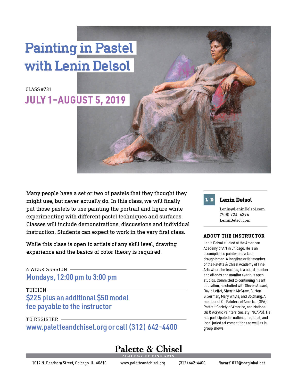 Pastel Painting class flyer with class description, dates, cost and pastel painting of a woman in repose