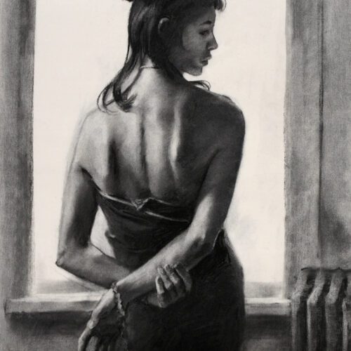 Realistic charcoal portrait of a woman facing a window holding her right arm behind her gazing in profile to the right of us