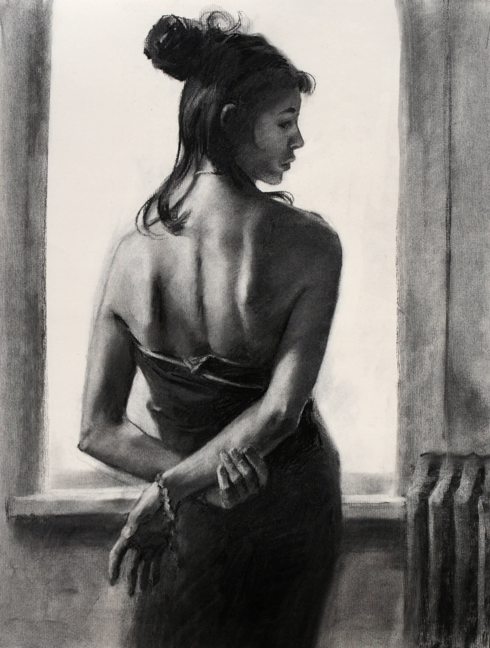 Realistic charcoal portrait of a woman facing a window holding her right arm behind her gazing in profile to the right of us