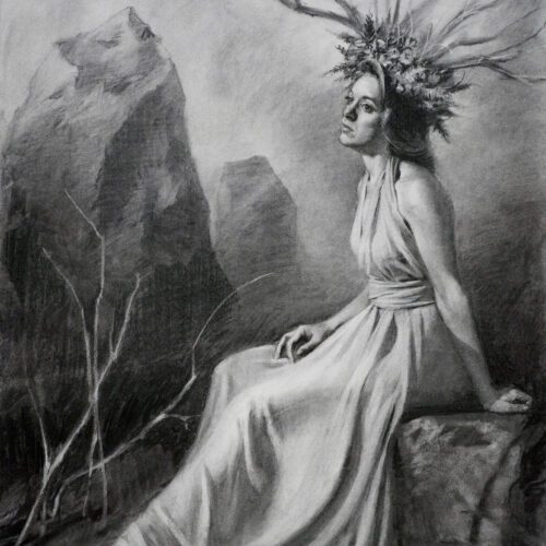 Full figure charcoal portrait of a woman with a stick and floral head dress sitting on a stone near a stone circle