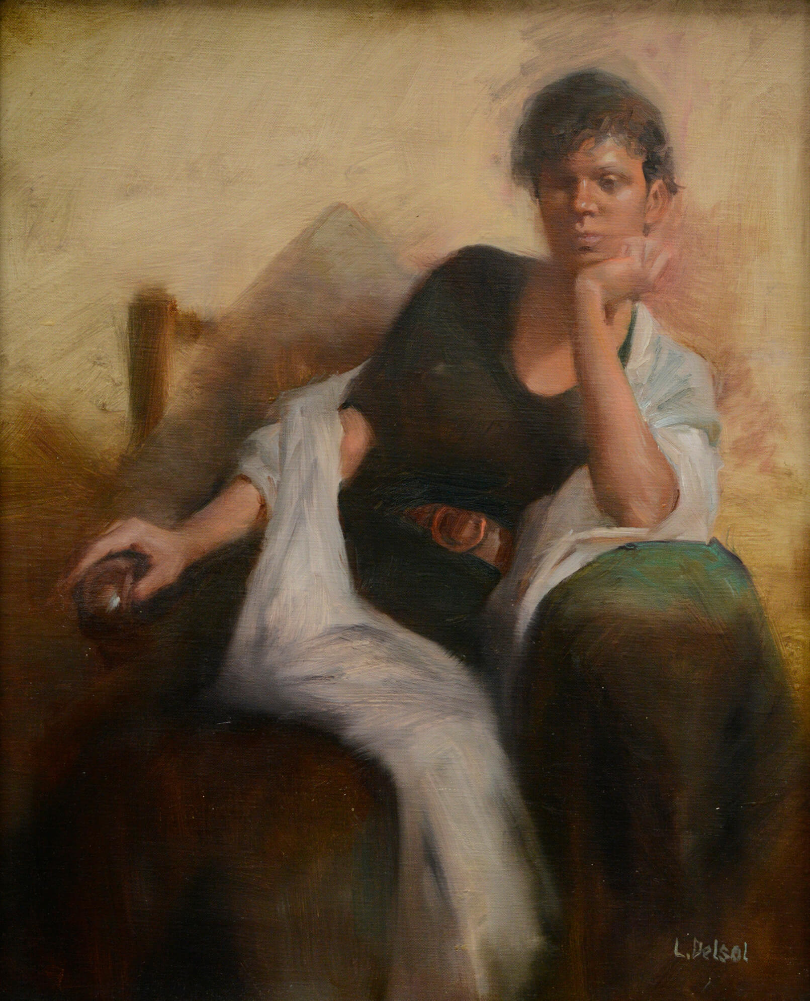 Realistic oil portrait of woman with chin resting on her hand gazing at us dressed in a black and shoulders draped in a white scraf