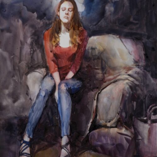watercolor painting of a seated clothed model, hands clasped together and eyes closed in silent meditation