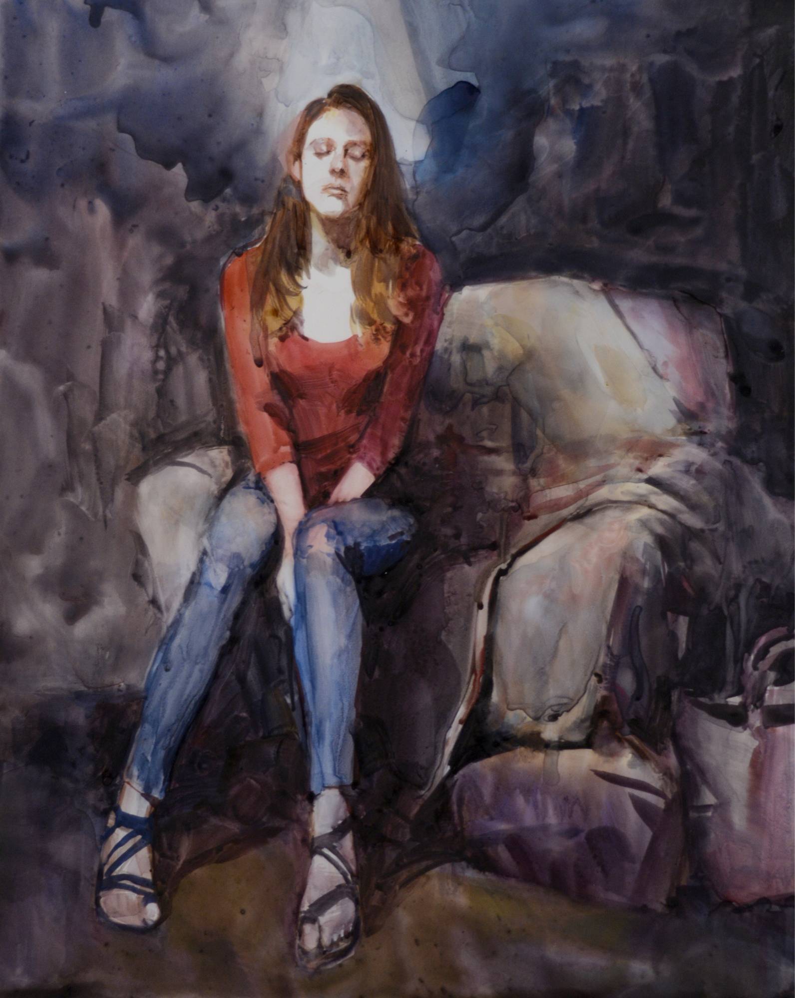 watercolor painting of a seated clothed model, hands clasped together and eyes closed in silent meditation