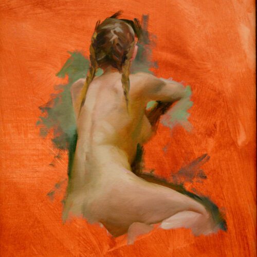 Realistic gestural figurative oil painting of nude woman with two braids on background of lively orange visible brush strokes