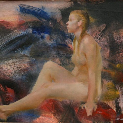 Gestural figurative oil of a sitting nude woman in profile on a background of expressive and colorful brush strokes