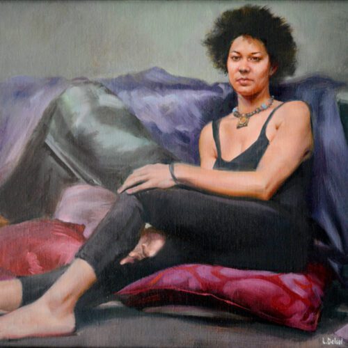 Realistic full figure oil portrait of a woman wearing black legging and sleeveless top sitting upon plum colored cushions gazing at us