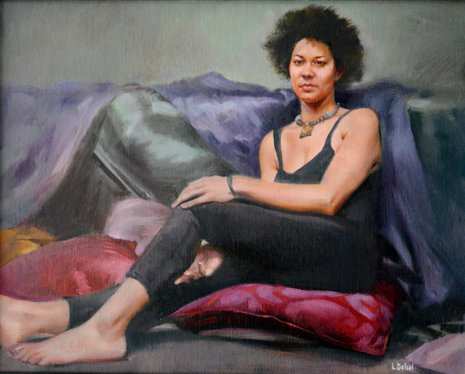 Realistic full figure oil portrait of a woman wearing black legging and sleeveless top sitting upon plum colored cushions gazing at us
