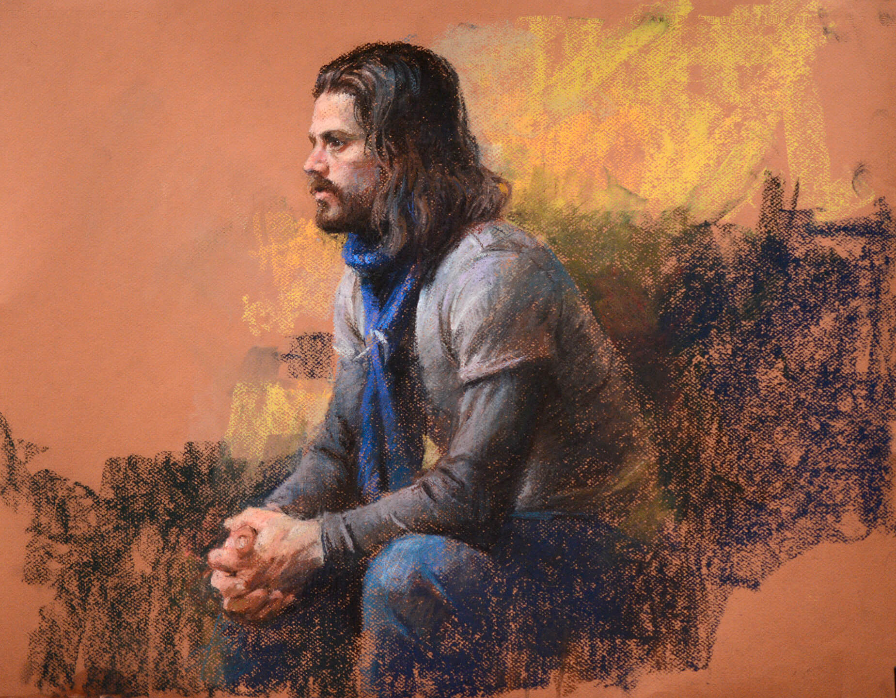 Realistic pastel portrait of seated man with long dark hair and beard in profile with clasped hands gazing to our left
