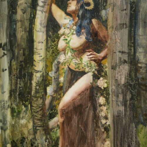 watercolor of a standing, blue-haired figure wearing a headdress and draped in floral garland with left foot placed on top of a fallen log, looking out from a clearing in a dense Birch forest