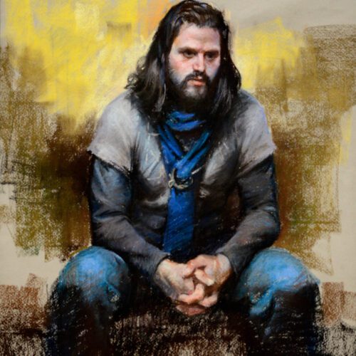 Realistic pastel portrait of a bearded man with long brown hair sitting with clasped hands and a contemplative gaze to our right