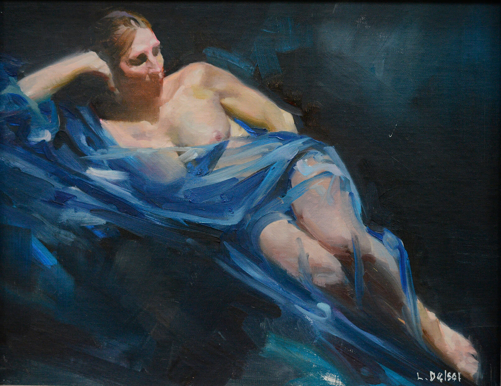 Realistic figurative oil painting of nude reclining woman draped in blue chiffon fabric