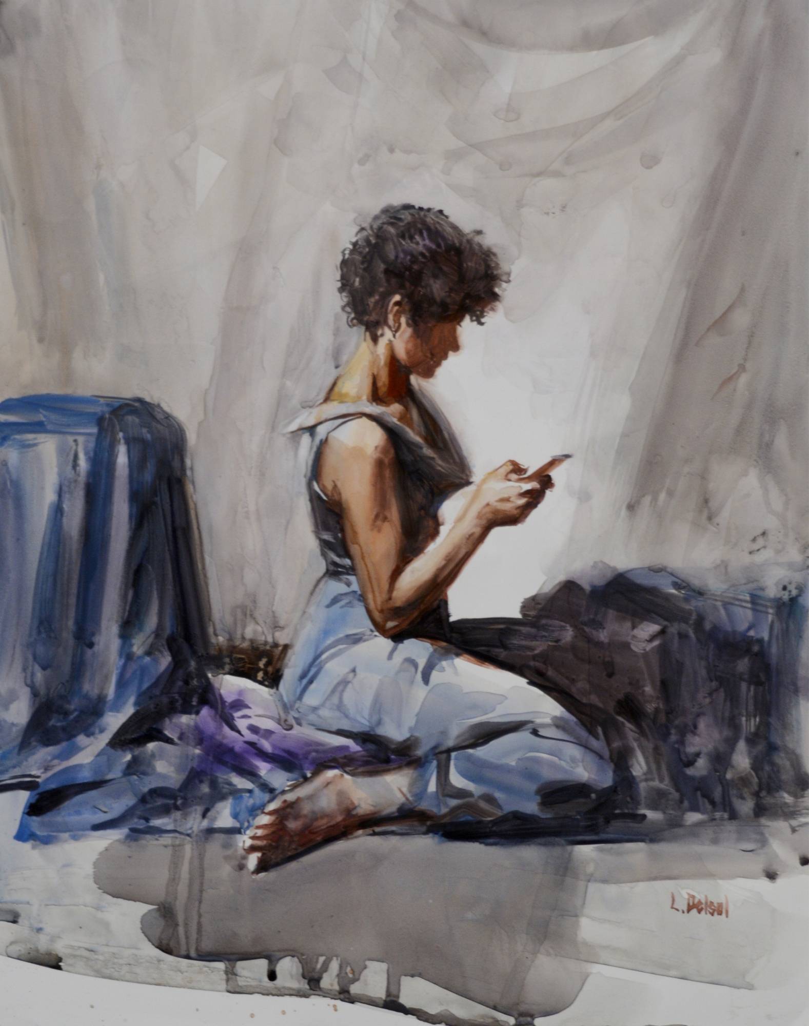 watercolor painting of a seated figure model in right profile, looking at her phone