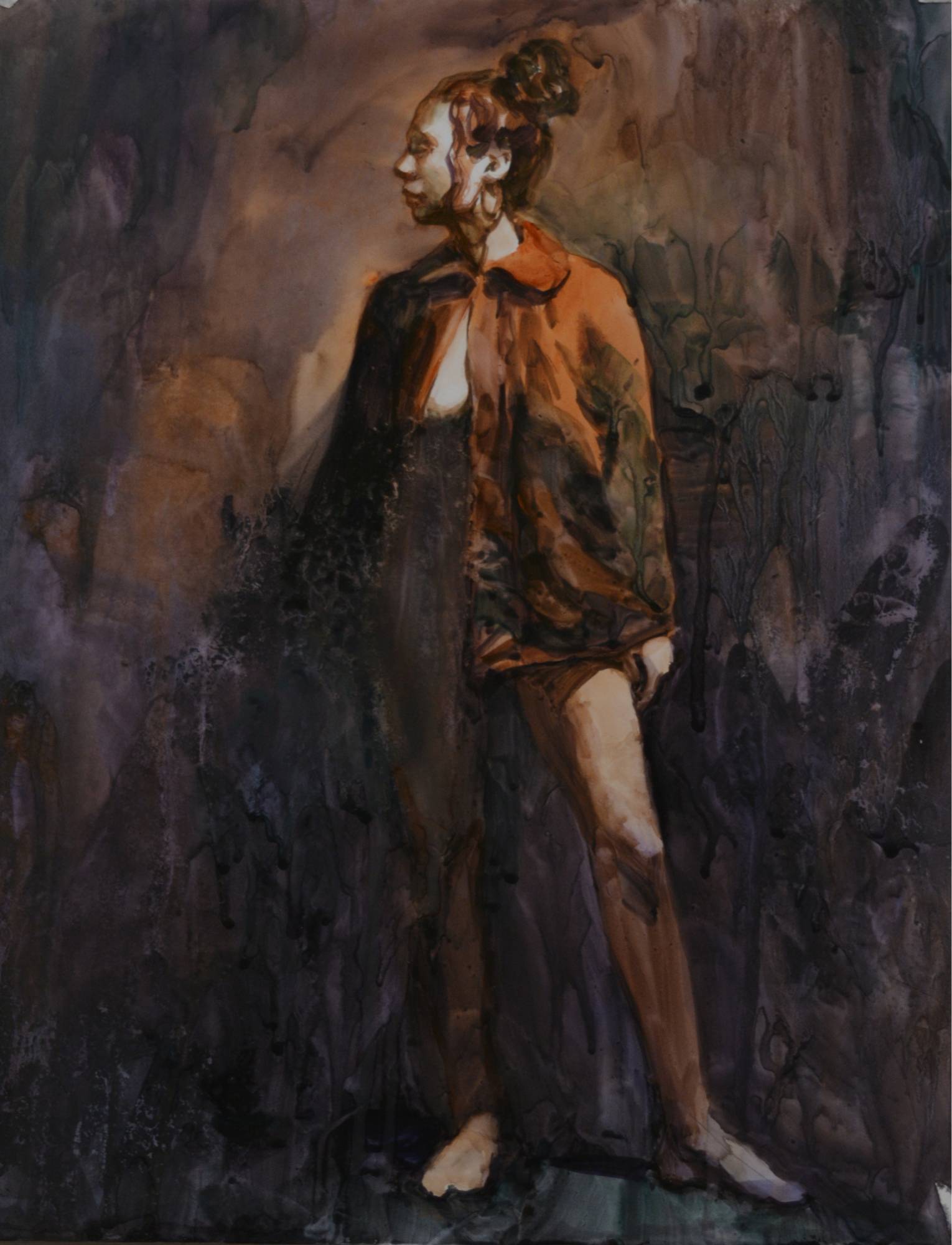 watercolor of a standing female figure wearing a collared cloak against an abstract background, head in profile looking to our left