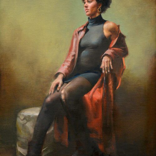 Realistic full figure oil portrait of woman sitting on a tall counter height chair gazing off to our left