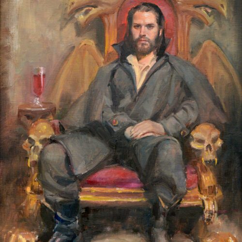 Realistic fantasy portrait of a dark haired bearded man in an ornate count Dracula inspired throne
