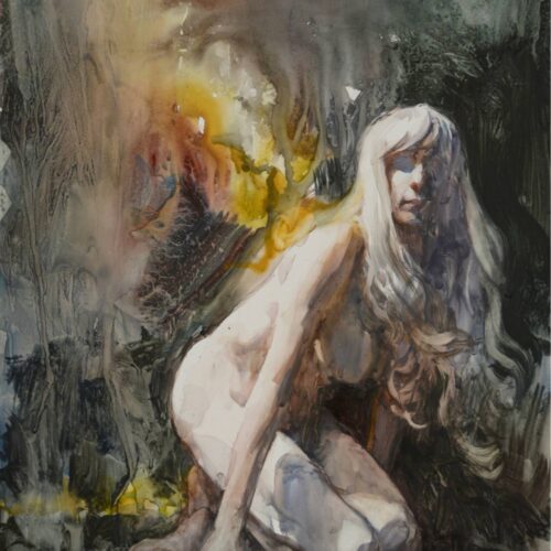 watercolor of a pale nude figure crouching in front of an abstract, fiery background.